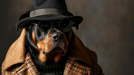 Wall Mural - Portrait of rottweiler in mafia gangster costume. Wearing hat, overcoat and sunglasses. Isolated on clean background. Copyspace on the side. 