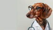 Portrait of dachshund dog wearing glasses and doctor uniform or doctor gown with stethoscope Isolated on clean background. Copyspace on the left.