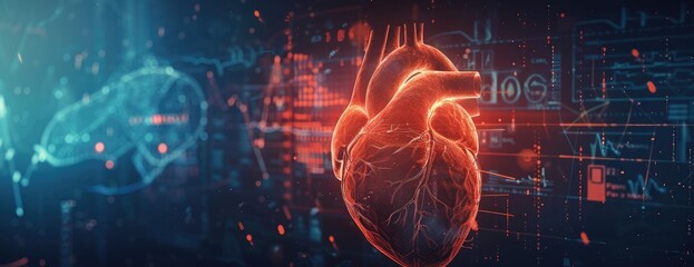 Canvas Print - futuristic human heart with data visualization lines, representation, 3d created with ai