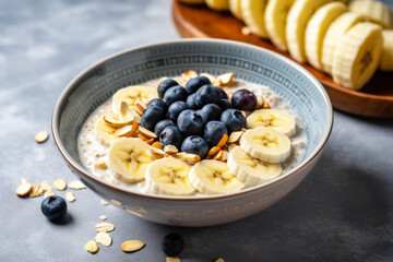 Breakfast oatmeal with banana and blueberry and slivered almonds, breakfast for two on the marble table