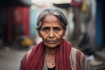 Mature elderly woman serious face sad angry on city street