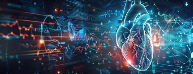 Sticker - futuristic human heart with data visualization lines, representation, 3d created with ai