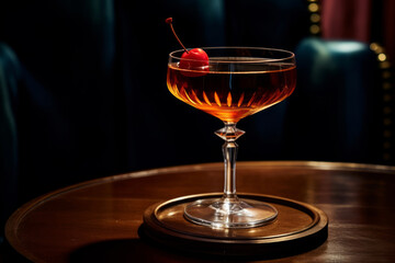 Wall Mural - Manhattan cocktail garnished with a cherry in a dark bar setting