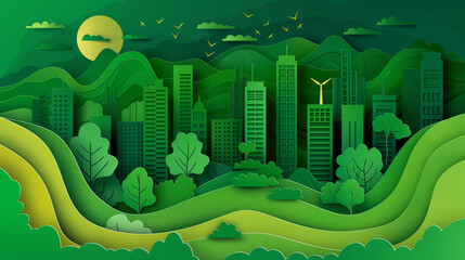 Wall Mural - Abstract papercut illustration of a green eco-friendly city with urban forests. Futuristic eco-friendly city, merging urban forests for a sustainable living concept.