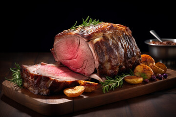 Wall Mural - Juicy roast beef on wooden board with garnish