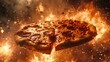 See a pizza suspended in the void of space, its 3Drendered form contrasting with the infernal surroundings