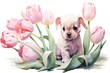 Cute puppy with pink tulips. Vector watercolor illustration.