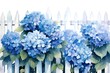 Watercolor blue hydrangea flowers and white picket fence. Hand drawn illustration.
