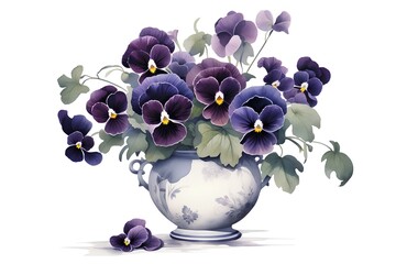 Wall Mural - Vintage vase with pansy flowers, watercolor illustration.