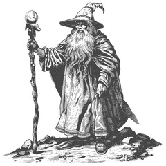 Wall Mural - dwarf mage with magical staff full body images using Old engraving style body black color only