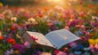An open book lies in a field of vibrant flowers
