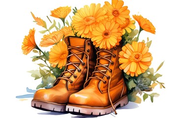 Wall Mural - Beautiful vector image with nice watercolor illustration of boots and flowers