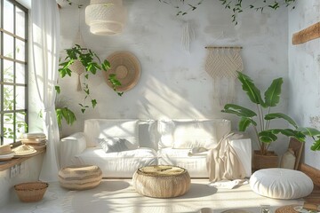 Wall Mural - cozy boho living room interior with white sofa and natural decor stylish apartment digital illustration