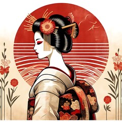 Wall Mural - Japanese woman in national costume kimono. Geisha on the background with a large circle symbolizing the rising sun. Painting in the style of watercolor painting or sketch. Illustration for design	