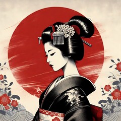 Wall Mural - Japanese woman in national costume kimono. Geisha on the background with a large circle symbolizing the rising sun. Painting in the style of watercolor painting or sketch. Illustration for design	