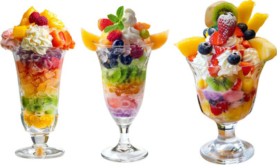 a glass bowl of fruit shaved ice with ice cream isolated on white background