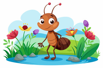 Wall Mural - Charming ant animal cartoon with flowers on a white background.