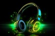 yellow and green headphone, bioluminescent, bright luminescence white light, made out of light beams, bubbles, particles, sparkles, glitch