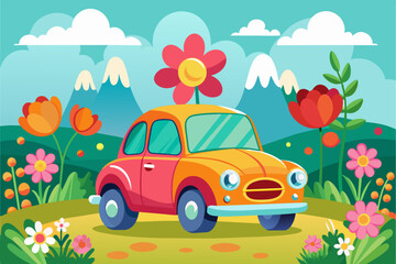 Canvas Print - Charming cartoon car adorned with flowers on a white background.