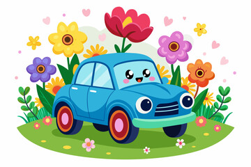 Charming automotive cartoon adorned with vibrant flowers on a whimsical white background.