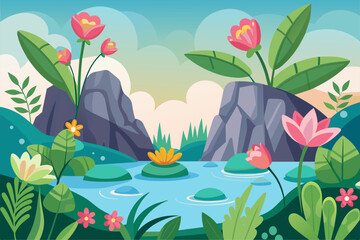 Wall Mural - Charming floral background with vibrant blooms and lush greenery.