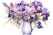 Bouquet of irises in a vase. Watercolor illustration.