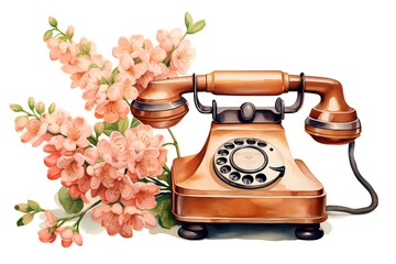 Wall Mural - Vintage phone with flowers. Hand drawn watercolor illustration isolated on white background