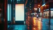 Mockup. Blank white vertical advertising banner billboard stand on the sidewalk at night