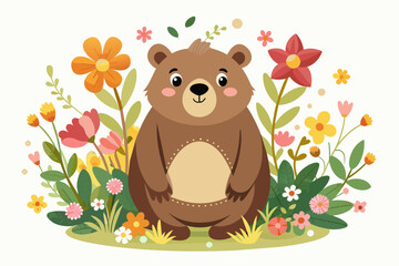 Sticker - Charming bear cartoon with flowers on a white background.