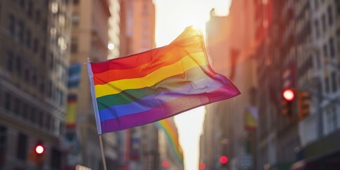 Vibrant rainbow pride flag waving in city during sunset, symbolizing LGBTQ+ community and diversity, urban pride march setting, warm tones.