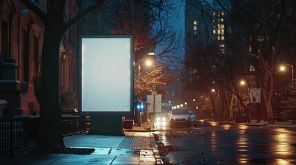 Wall Mural - Mockup. Blank white vertical advertising banner billboard stand on the sidewalk at night