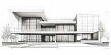 Fototapeta  - Modern architectural black and white sketch of spacious contemporary house with geometric design, large windows, and minimalistic style. Copy space.