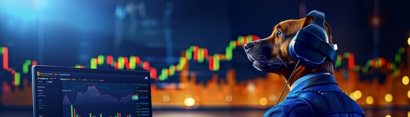 Dog wearing a headset and looking at a rising stock chart on a computer, A playful representation of technology making investing accessible to everyone