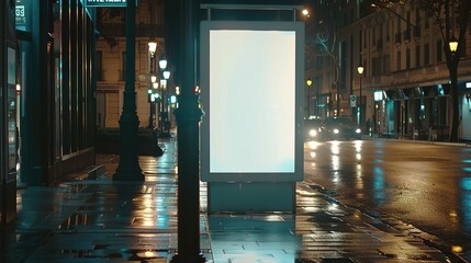 Wall Mural - Mockup. Blank white vertical advertising banner billboard stand on the sidewalk at night