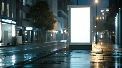 Wall Mural - Mockup. Blank white vertical advertising banner billboard stand on the sidewalk at night