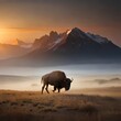 ai generated illustration of bison bull in beautiful nature with mountain views