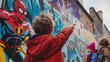A young boy with tousled hair points excitedly at a graffiti mural of a superhero friends standing beside him in amazement. . .