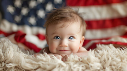 A cute baby holding an American flag, representing national pride and celebration. Perfect for Independence Day and other patriotic events.