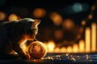 Cat playing with a golden ball of yarn that unravels to reveal a blockchain code, A whimsical representation of the curiosity and exploration of new technologies
