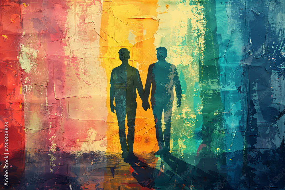 Gay couple in love with LGBTQ colors on pride day, their silhouettes ...