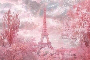 Wall Mural - dreamy cotton candy pink eiffel tower in whimsical paris fantasy scene digital art