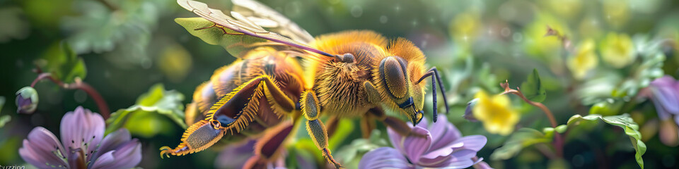 Wall Mural - bee buzzing around a flower bed.