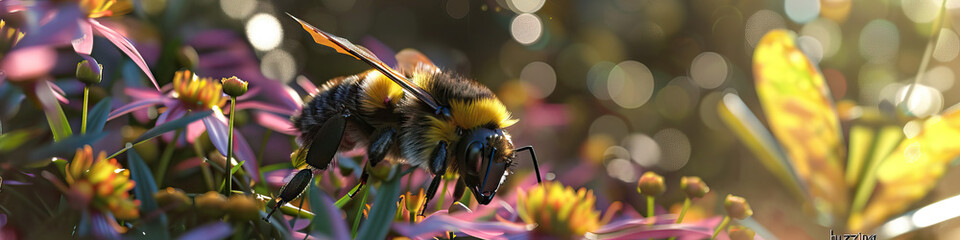 Wall Mural - bee buzzing around a flower bed.