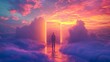 Surreal scene of a person facing a vibrant gateway amidst clouds at sunset, Concept of discovery and otherworldly journey