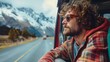 Young curly-haired man in sunglasses gazing out of a camper van window, Concept of wanderlust and road trips in mountain landscapes