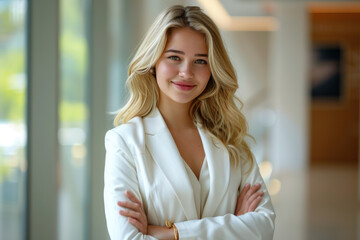 Wall Mural - Blonde businesswoman in white formal suit dress arms crossed in modern office