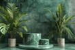 elegant green marble podium display with lush tropical plants and leaves 3d render