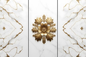 Wall Mural - Home panel wall art three pieces, marble background with golden flowers silhouette in middle