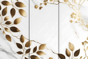 Wall Mural - Home panel wall art three pieces, marble background with golden flowers and leaves silhouette