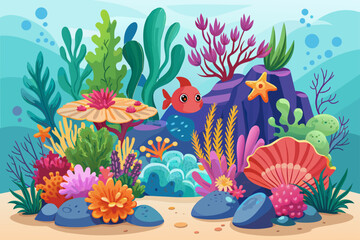 Poster - Charming coral reefs cartoon with blooming flowers on a white background.